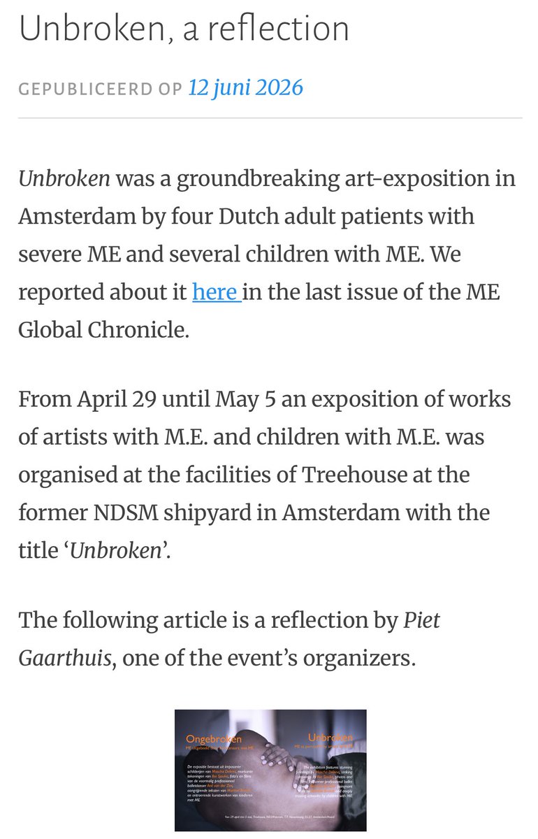 TomKindlon's tweet photo. Reflections from the organiser following an art exhibition in the Netherlands on ME.
https://t.co/VQu5U8WBy8
#MyalgicEncephalomyelitis #MEawareness @AnilvanderZee https://t.co/a2XeKQnZNY