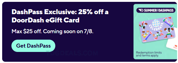 thedealsguy_'s tweet photo. DOORDASH GIFT CARD DEAL 🍔

DashPass members can get 25% off DoorDash eGift Cards this Wednesday, 7/8 at 9AM ET.

Max $25 off, so you should be able to grab a $100 DoorDash gift card for $75.

DashPass exclusive.

🔗 https://t.co/lU0Ua0YMBi

#ad https://t.co/f8UfyZMSQ7