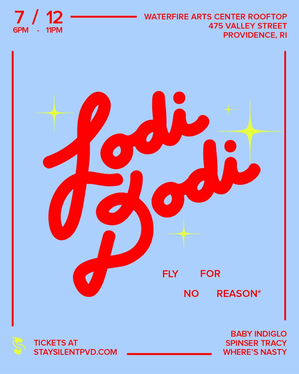 staysilentpvd's tweet photo. LODI DODI rooftop party: July 2026 ✨

We’re having our LODI DODI rooftop party at the Waterfire Arts Center on Sunday, July 12th. Watch the sunset. Get fly for no reason.

Music by @babyindiglo, @spinsertracy + @wheresnasty.

Tickets: https://t.co/z2QZ0DJamw https://t.co/9aRlKWnWJT