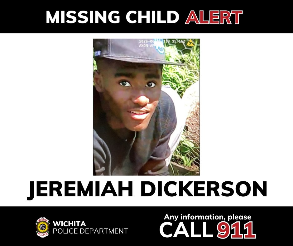 WichitaPolice's tweet photo. 🚨Wichita🚨

We need your help in locating 14-year-old Jeremiah Dickerson. He’s 5’0” and 100lbs with black hair and brown eyes, and was last seen wearing a black t-shirt, dark blue jeans, and black and red high-top shoes. 

Jeremiah was last seen at 2:30 p.m. on July 5th in the 1500 block of North Grove.

If you’ve seen Jeremiah or know his whereabouts, please call 911.