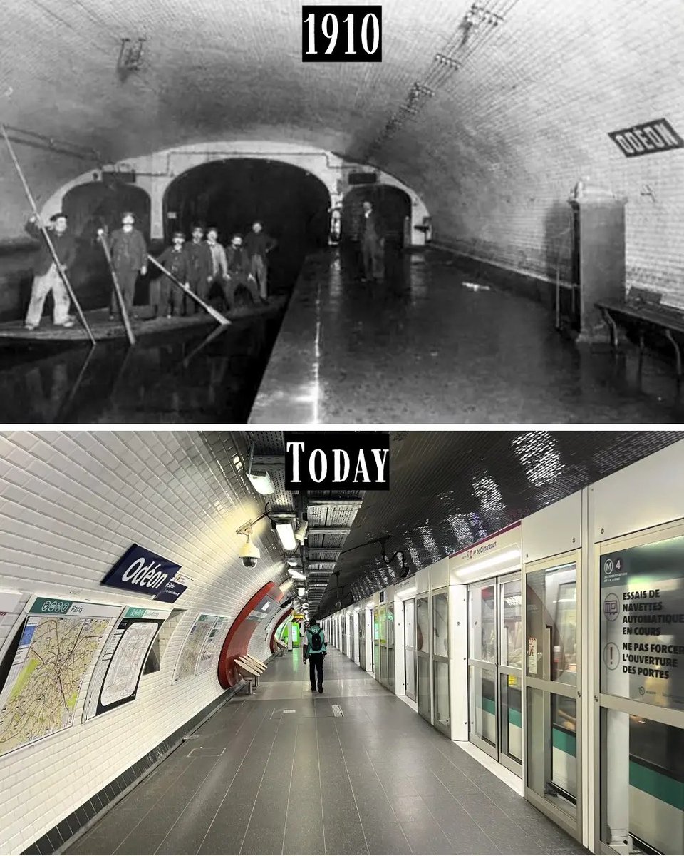 francesafetytra's tweet photo. This is Odéon, on line 4, right under the crossroads of the same name in the 6th arrondissement.

It had barely been open three weeks when the Seine rose 26 feet (8 meters) above its normal level in January 1910, one of the worst floods in the city's history. Water pushed up through the tunnels and sewers rather than over the riverbanks, and boats replaced trains underground for weeks while the Métro stayed shut.

Today it's one of the busiest corners of the Left Bank, sitting between the Odéon theatre, the bookshops of the Latin Quarter, and the café terraces of Saint Germain des Prés.