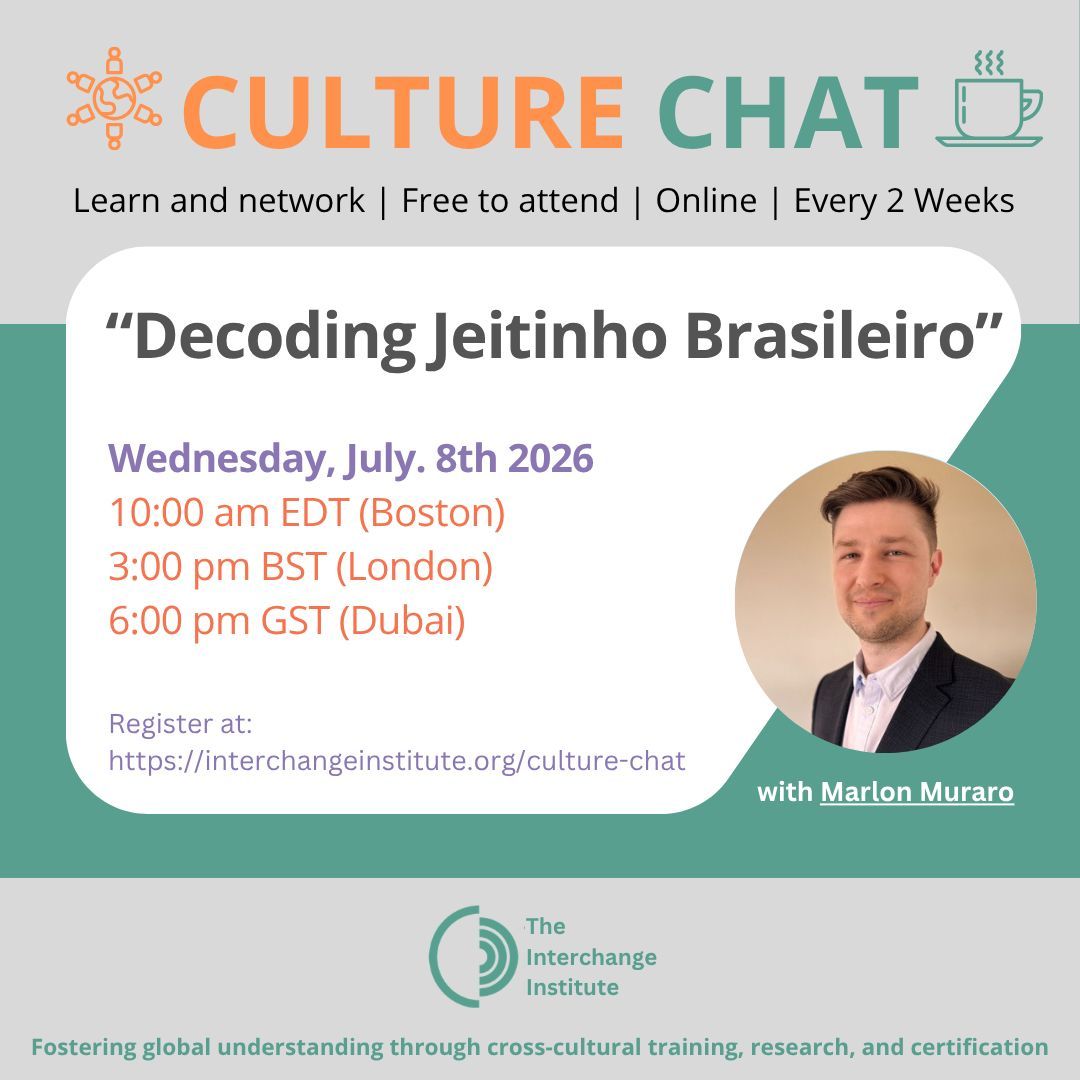 InterchangeIns's tweet photo. 🇧🇷 "Tem sempre um jeitinho..." — there's always a little way.

Join our next Culture Chat with intercultural trainer Marlon Muraro — We'll decode where it comes from, how to spot it, and how to work with it rather than against it.

Register at https://t.co/OAq0agX5aN https://t.co/ENesG66RiF