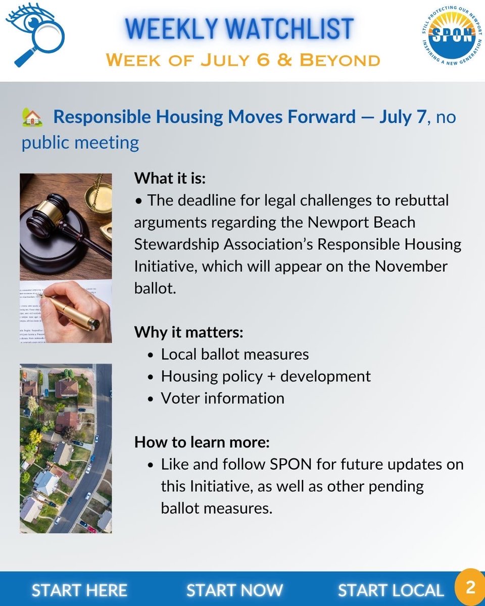 SPONNewport's tweet photo. 📌 SPON Watchlist
This week's Watchlist includes: 🚓 The first Police HQ Advisory Committee meeting 🏘️ A key milestone for the Responsible Housing Initiative 🏗️ Continued discussion on the Dove Street development
These decisions will help shape #NewportBeach's future. https://t.co/VVZAj4rLjG