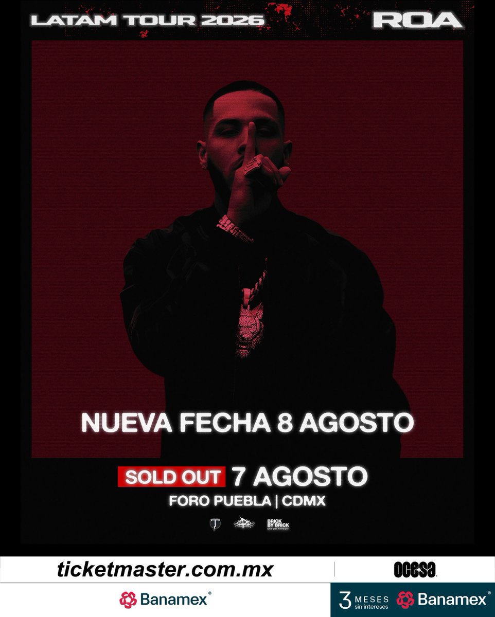 ailoviutl's tweet photo. 🚨 ANUNCIO OFICIAL: NUEVA FECHA 🚨

ROA 🧨 LATAM TOUR
🗓️ Sábado 8 de Agosto del 2026 🗓️
🏟️ Foro Puebla 🏟️
📍 CDMX 📍 🇲🇽 México 🇲🇽

🎫 Fechas de Preventa 🎫

Venta a Fans: 7 de Julio 11:00 AM
Venta General: 8 de Julio 11:00 AM

-NO HABRÁ PREVENTAS BANCARIAS-

🎟️ Precios de Boletos con Cargos 🎟️

PISTA: $1,215.25
BALCÓN: $1,612.25

💲 Boletera: Ticketmaster 💲

💳 Meses sin Intereses 💳

3 MSI con tarjetas de Crédito Banamex a partir de $3,000 MXN

#Roa #MéxicoTour #ForoPuebla #LatamTour #LatamTour2026 #México #CDMX #Fest #Festival #Tour2025 #Tour2026 #Tour2027 #Music #Música #Concert #Concierto