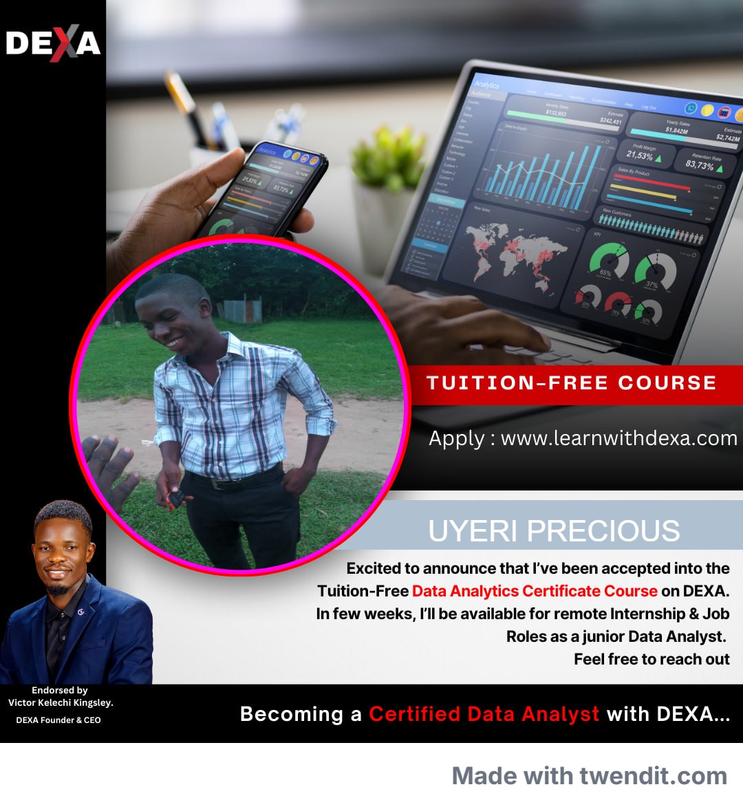 BABYTRADERFX's tweet photo. Excited to announce that I’ve been accepted into the Data Analytics Course on DEXA. In 1month, I’ll be a Certified Junior Data Analyst with foundational skills. If you’re interested in joining the next cohort, go to: https://t.co/bGFStpwRlj
@LearnwithDEXA #LearnwithDEXA https://t.co/ZJ5zIY3Q9K