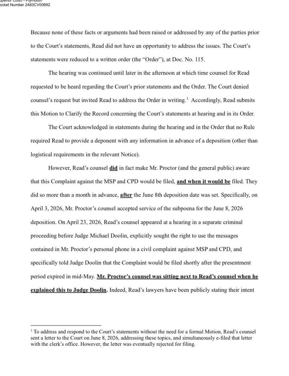 GrantSmithEllis's tweet photo. This motion (127) from Karen Read's team, filed back on June 12, 2026, is now down from the docket.

Karen's motions from July 1st + July 2nd, 2026, are also missing, and they explain whatever Karen's team uncovered about last Wednesday's ridiculous hearing about a 2:52PM X post.

Those latter two motions have never been on the docket at any point in time.