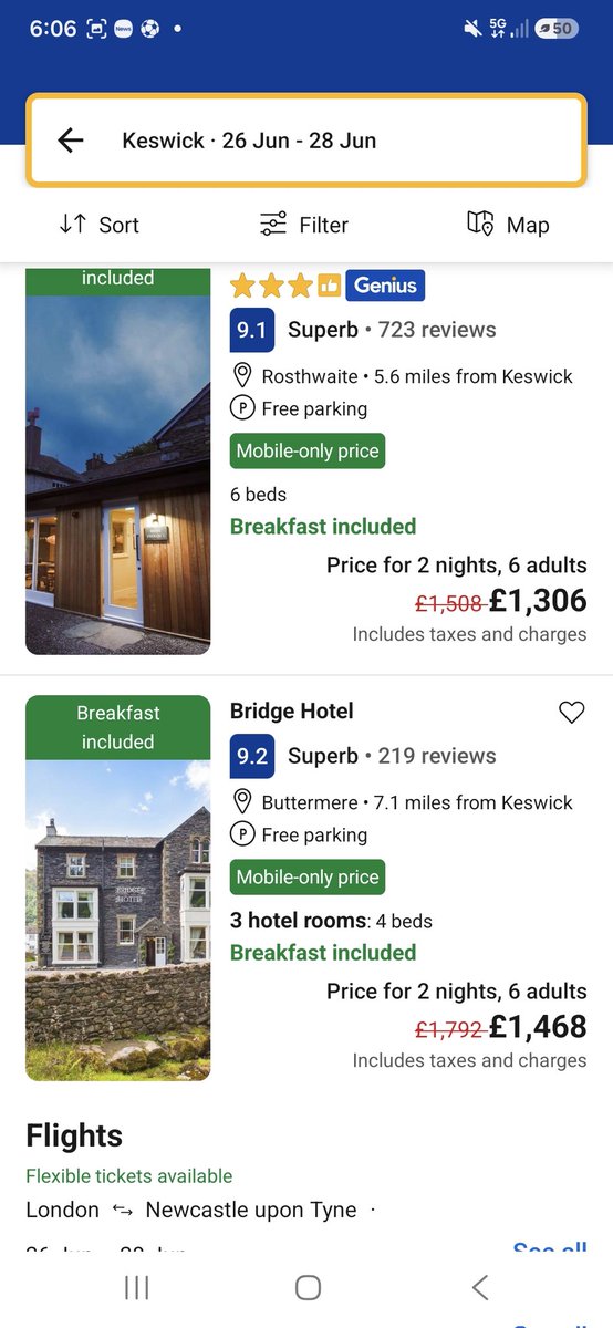 MartiinBambii's tweet photo. Here is the reality of trying to find last-minute emergency accommodation for 6 adults in Keswick on @bookingcom's own app.
​The closest options on their platform were £1,144 and £1,599. My emergency stay cost £1,107.58, https://t.co/yxgTjV702e