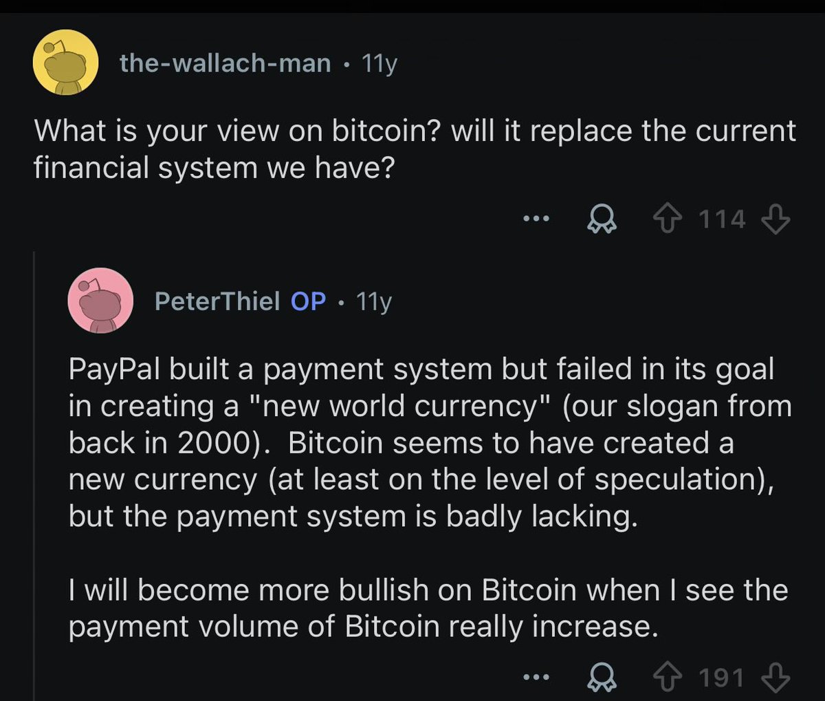 karamannogluu's tweet photo. Peter Thiel on #bitcoin. 11y ago. https://t.co/Bfa1SMqu19