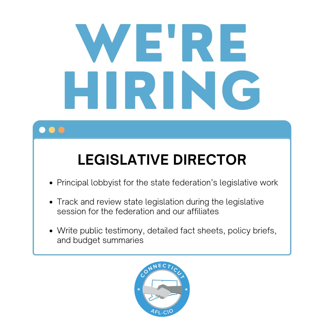 ConnAFLCIO's tweet photo. 📣 We're hiring! 📣

The Connecticut AFL-CIO is looking for an experienced, strategic Legislative Director to lead our advocacy and legislative efforts during the 2027 legislative session.

🗓️ Application deadline: July 31 https://t.co/pho5uA2dAy