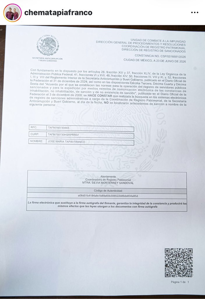 jorgegogdl's tweet photo. Luisa María Alcalde dijo el pasado 17 de Octubre de 2025 que José Maria Tapia, ex director del FONDEN no formaba parte de Morena. Bueno el pasado 23 de Junio Morena lo hizo pre candidato en Querétaro.

Una vez más la realidad acaba con las mentiras de la propaganda. https://t.co/nPUdWyRyaX