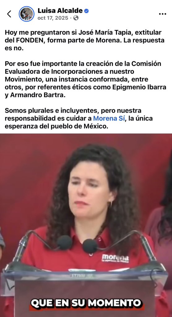 jorgegogdl's tweet photo. Luisa María Alcalde dijo el pasado 17 de Octubre de 2025 que José Maria Tapia, ex director del FONDEN no formaba parte de Morena. Bueno el pasado 23 de Junio Morena lo hizo pre candidato en Querétaro.

Una vez más la realidad acaba con las mentiras de la propaganda. https://t.co/nPUdWyRyaX