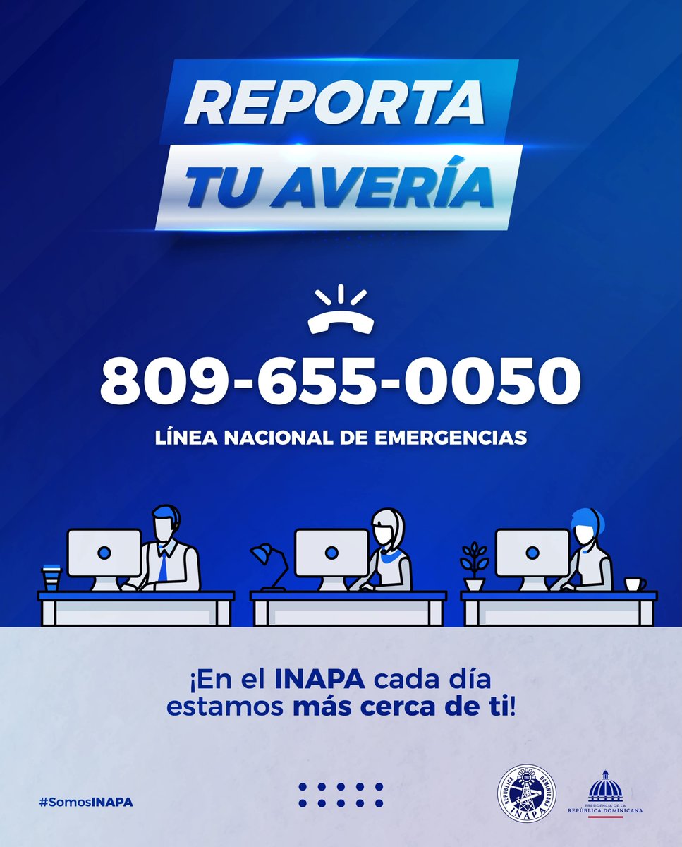 DomInapa's tweet photo. #ReportaTuAveríaAlINAPA
 
Si ves una avería en tu zona, comunícate a través de nuestra Línea Nacional de Emergencia. Llámanos al 809-655-0050 o al 809 368-0000.
 
INAPA
Cuida el agua, cuida el futuro https://t.co/ZhH2EtZFfu