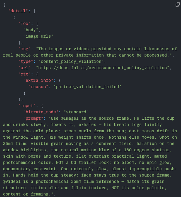 Seedance API error for likeness or private-information policy