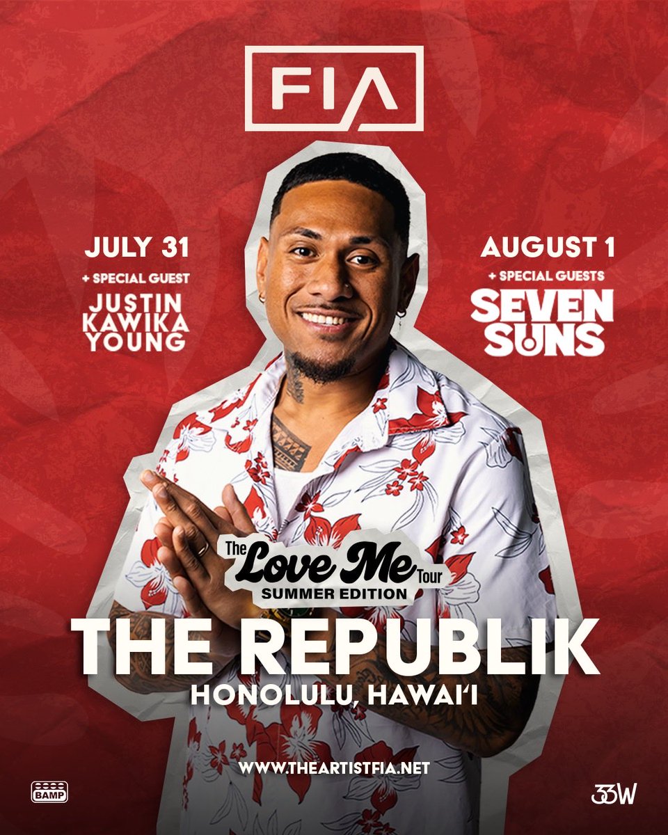 bamparmy's tweet photo. JUST ANNOUNCED: @theartistfia performs live with special guest @JustinYoung on Friday, July 31 &amp; with Seven Suns on Saturday, August 1 at @JoinTheRepublik! 🌊

Tickets go on sale tomorrow, July 7 at 12 PM HST 🎟️ https://t.co/6H2rbjLxRm