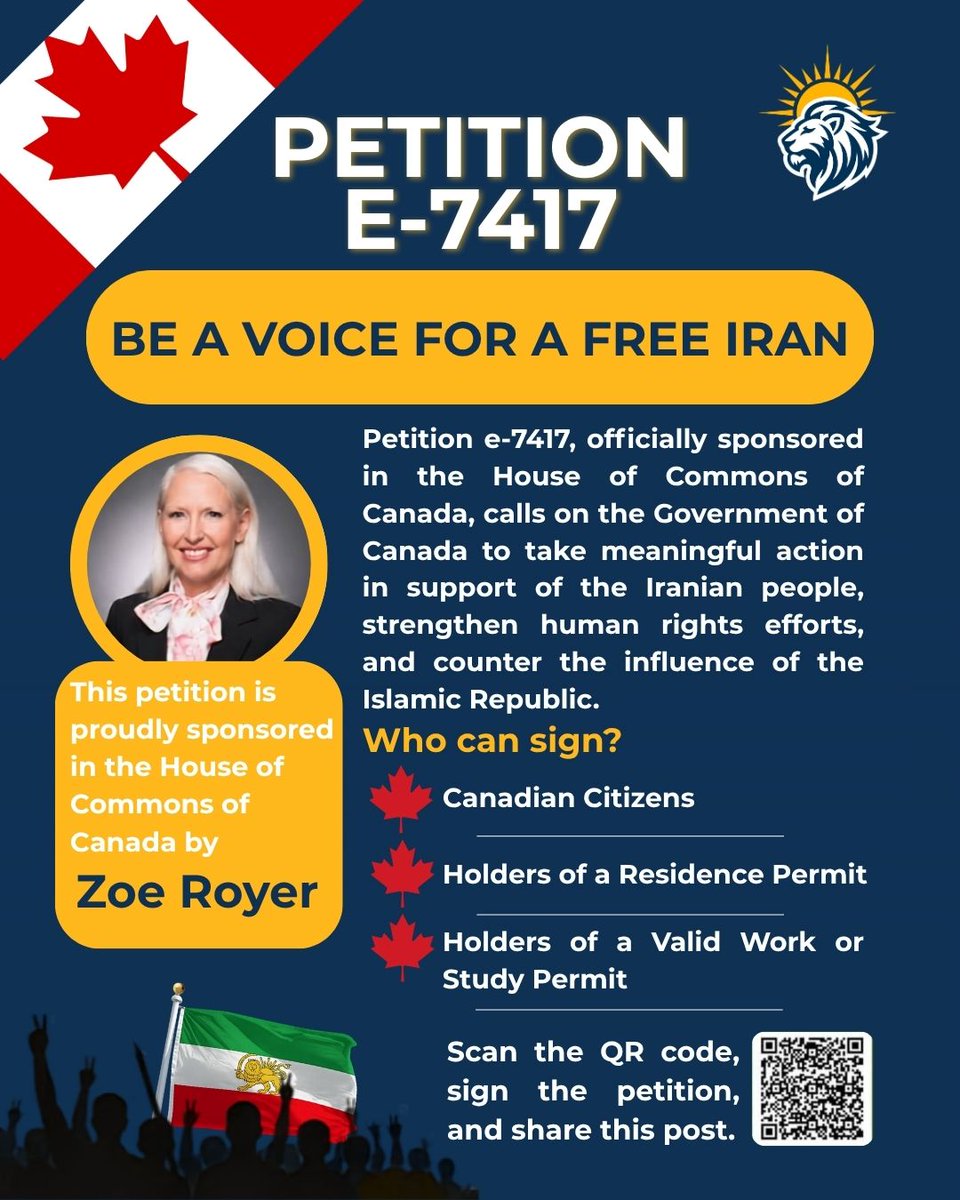 lionsunfront's tweet photo. 🇨🇦 Be a voice for a free Iran.
Petition e-7417, officially sponsored in the House of Commons of Canada, calls on the Government of Canada to support the Iranian people, strengthen human rights efforts, and counter the influence of the Islamic Republic.
If you are a Canadian citizen, permanent resident (PR), or hold a valid work or study permit, you can sign using the link below.

https://t.co/avTwR2RtzD

🔗 Sign the petition and please share this post. #FreeIran #StandWithIran #HumanRights
