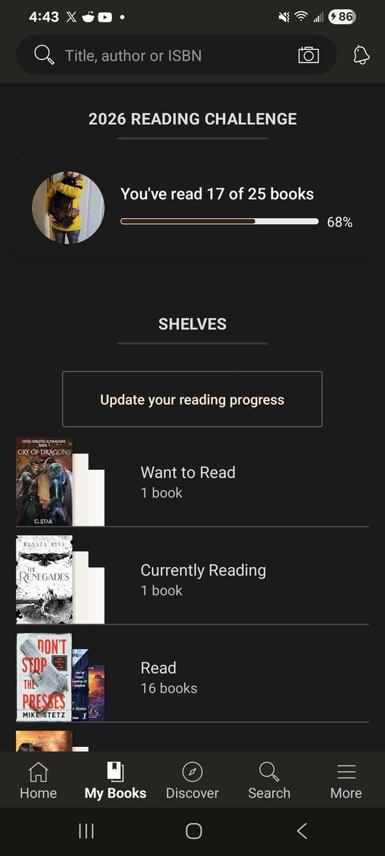 CaliCox9's tweet photo. A month late, but I actually didn't get to really read anything this past month...halfway point of the year for books read https://t.co/N7f9WTMssb