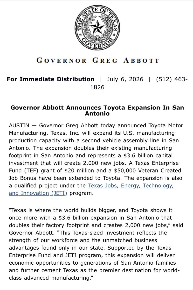 GovAbbottPress's tweet photo. Gov. Abbott today announced Toyota's $3.6 billion expansion in San Antonio. 

The new vehicle assembly line will double Toyota's manufacturing footprint and create 2,000 new jobs.

Texas is home to a strong workforce and this investment reflects our state's unmatched opportunity. https://t.co/wEHT9070j5