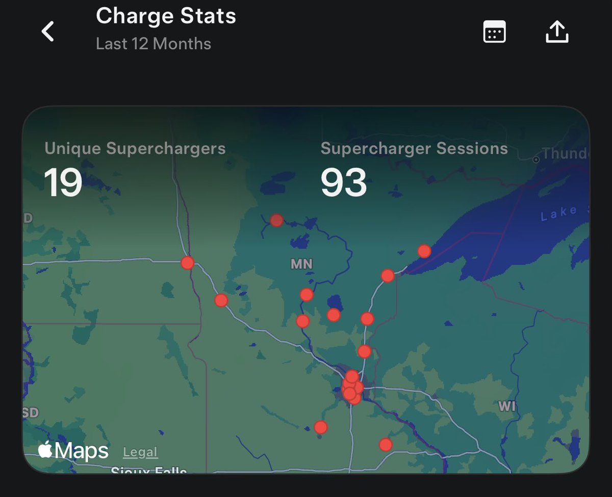 JohnsonNorte's tweet photo. I’m a nerd for @Tesla supercharger badges. @elonmusk you should make lifetime state badges available if a Tesla owner supercharges at every supercharger in a state 

I’d be getting close in Minnesota! @Tesla_AI https://t.co/7aunowqpBX