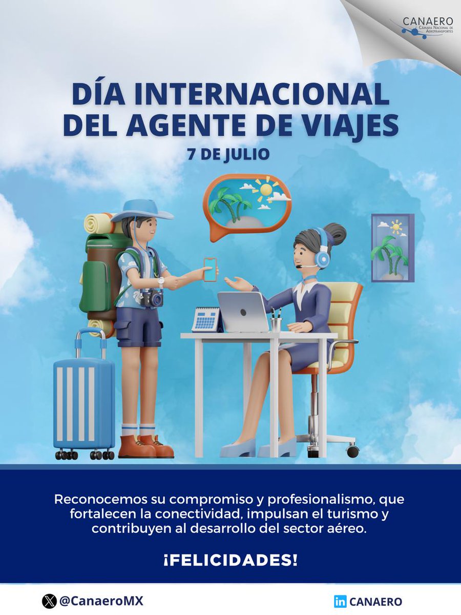 CANAEROMX's tweet photo. 🗺️ Hoy celebramos a las y los agentes de viajes.
Su labor acompaña a los viajeros en la planeación de cada viaje, brindándoles confianza, seguridad y tranquilidad. 👩💻🧑💻✈️
¡Enhorabuena en su día!
#AgentesDeViajes
#Aviación
#Turismo https://t.co/rseygdKAaE