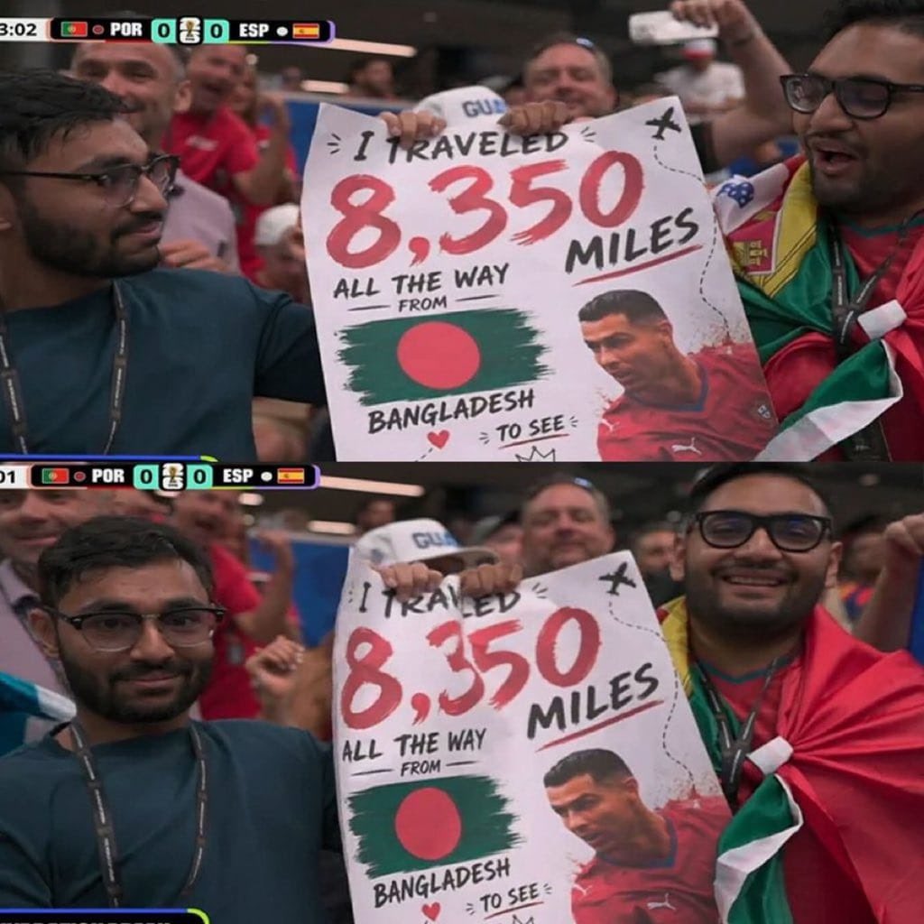 Siiros2's tweet photo. 🚨🚨🚨🚨🚨🚨🚨🚨🚨

مشجع رافع لافته يقول فيها:

" انا سافرت 8350 ميل من بنغلاديش الى هنا من أجل رؤيتك فقط يا كريستيانو رونالدو "

@Alaadin32 https://t.co/5EE8lldzNv