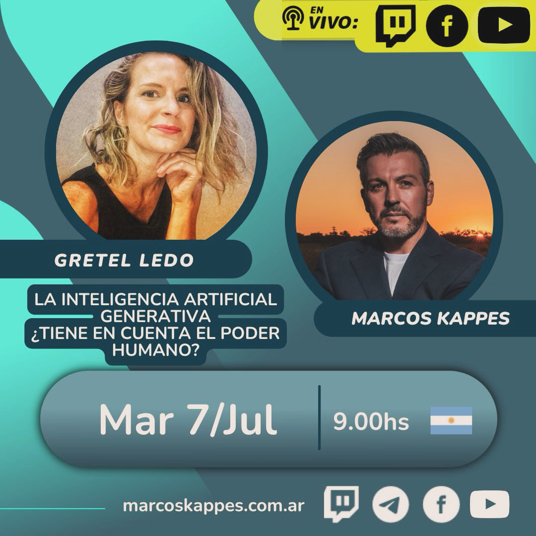 GretelLedo's tweet photo. INTELIGENCIA ARTIFICIAL GENERATIVA
¿Tiene en cuenta el poder humano?

#GretelLedo con @MarkosKappes 

⭐️Este Martes 7 Julio  #envivo
📣Conectate 🛜
⏰ 9 AM Argentina 🇦🇷 

#InteligenciaArtificial 
#IA #IAG https://t.co/9vjWHsrC5V