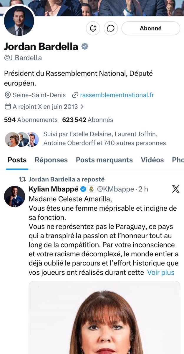 MarcGral's tweet photo. Jordan Bardella relaie ce tweet de Kylian Mbappé alors que Caroline Parmentier,  l’actuelle vice-présidente du #RN à l’assemblée nationale, décrivait les Bleus comme des « voyous de cité » et leurs supporters comme des « babouins ». https://t.co/SeMl38uNEQ
