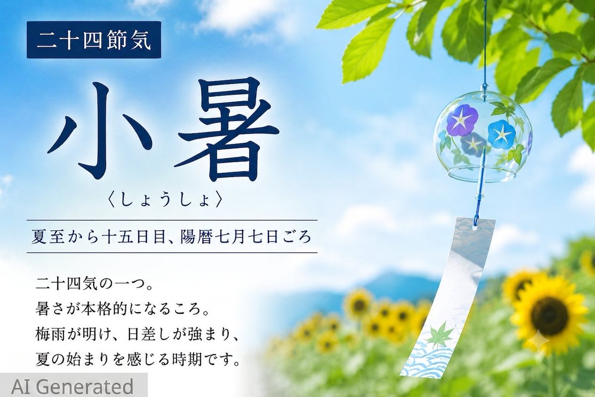 ebi2ebi48's tweet photo. 7月7日（火）先負(壬午)
おはようございます 
#今日は何の日
#小暑（しょうしょ）「二十四節気」
二十四気の一つ。夏至(げし)から十五日目、陽暦七月七日ごろ。暑さが本格的になる https://t.co/RZBlJ4xE5z