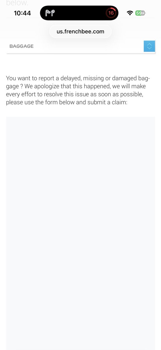 supernavin's tweet photo. @flyfrenchbee I am trying to fill out a claim form for damaged baggage from a July 2 flight. Your website does not load the claim form on mobile - I’ve tried Chrome, Safari, and Edge browsers. How am I supposed to submit this in 7 days? I didn’t travel with my computer. https://t.co/Gund4IlCwF