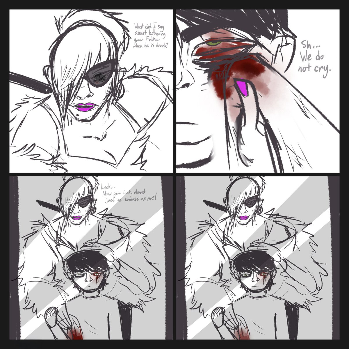 DrDivastry's tweet photo. cw: child abuse 
rough son/bodyguard thing i’m not gonna finish blehhh!!! 
#hotlinemiami https://t.co/wYY6PZZU6Q
