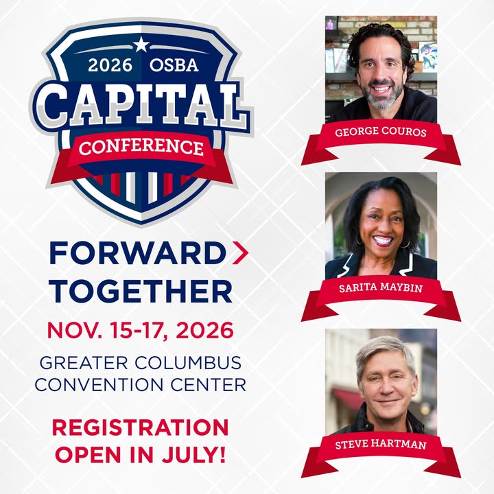 OHschoolboards's tweet photo. The 2026 OSBA Capital Conference and Trade Show speaker lineup is here!

Hear from George Couros, Sarita Maybin and Steve Hartman on innovation, communication, storytelling and connection.

Learn more at https://t.co/tFwCZy510e.

#OSBACC https://t.co/W82pkRqpZK