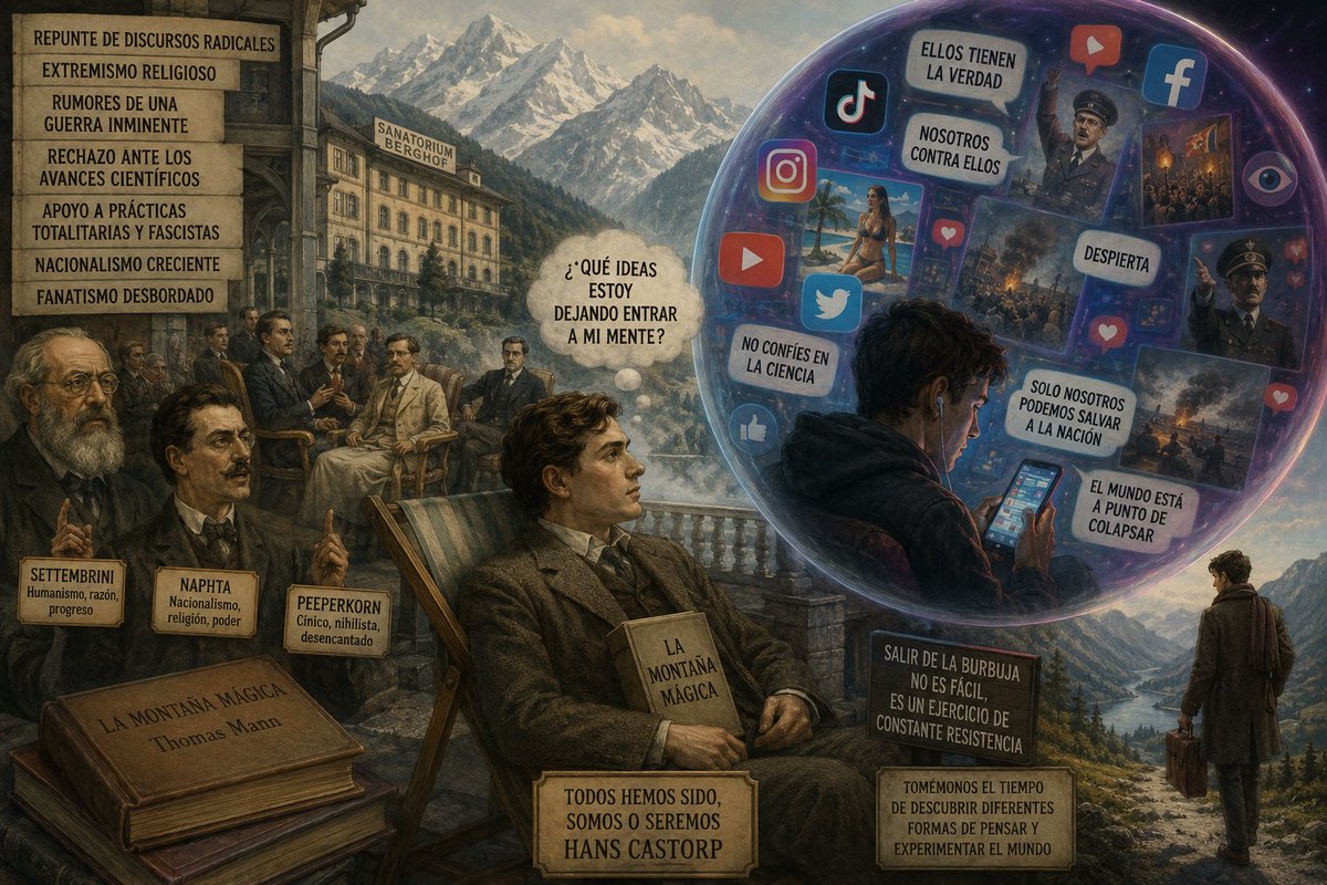 contemporaneomx's tweet photo. #Especiales | ¿Puede una novela escrita hace un siglo explicar el mundo de hoy?
En este texto reflexionamos sobre La montaña mágica, de Thomas Mann, y cómo en la actualidad las redes sociales moldean nuestras percepciones y creencias.
https://t.co/nb0BwWZD5J https://t.co/JXwkBVjmei