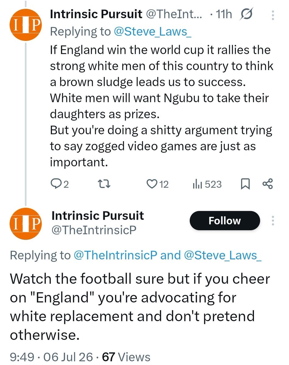 I_amMukhtar's tweet photo. These white supremacists need to seek help, but it's actually funny watching them fight and tie themselves in knots.

They think watching or supporting the England team is "advocating for white replacement" simply because the team has Black players.

One guy said he is only rooting for the white players 🤣