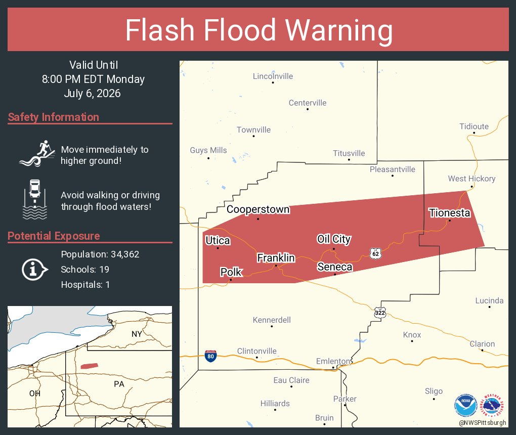 NWSPittsburgh's tweet photo. Flash Flood Warning including Oil City PA, Franklin PA and  Sugarcreek PA until 8:00 PM EDT https://t.co/IFEYBsLHol