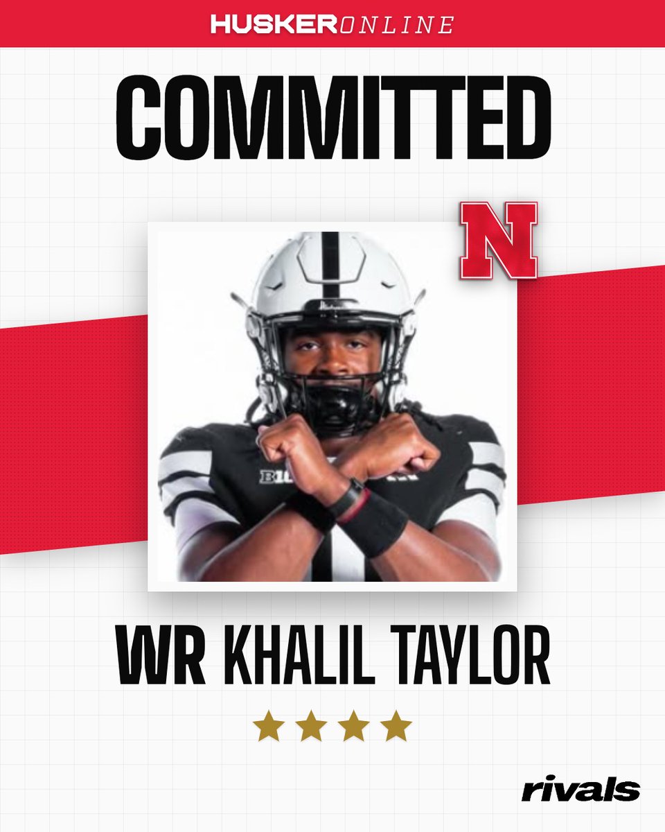 BryanMunson_'s tweet photo. *BREAKING!* Four-star WR Khalil Taylor from Pittsburgh (Pa.) Pine-Richland HS has committed to Nebraska over Colorado and Penn State. Taylor is the No. 90 overall recruit and the No. 17-ranked wide receiver in the country for the 2027 recruiting cycle.

https://t.co/WkdTWi0HBt https://t.co/mH4yjXDAi8
