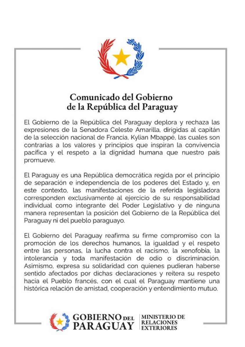 paraguayralph's tweet photo. The Paraguayan Government via the Foreign Office has distanced themselves from Senator Celeste Amarilla’s “deplorable” expressions to Kylian Mbappé

 They signed off reaffirming their commitment to the fight against racism. https://t.co/JMQqoa0Y3T