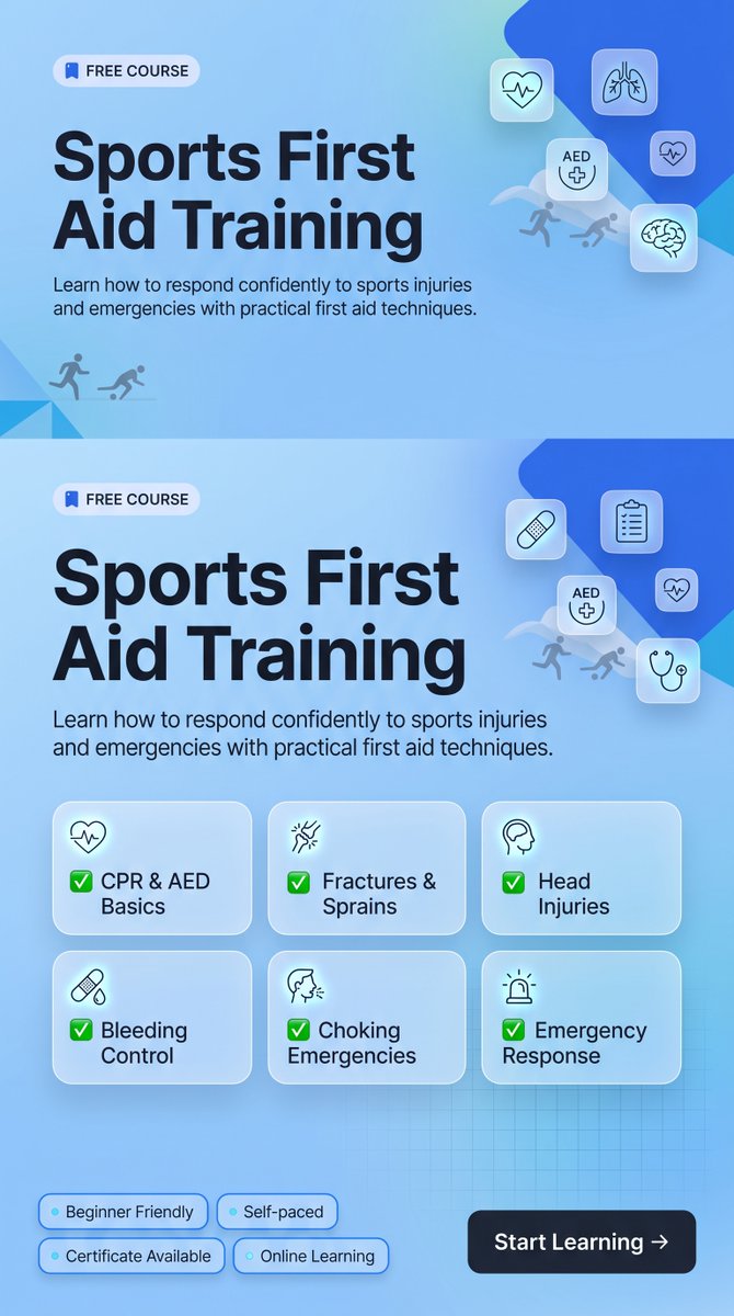 elcapitano_99's tweet photo. Injuries happen in seconds. Knowing how to respond can make all the difference.
Master CPR, AED, fracture care, bleeding control, concussion response, and other essential sports first aid skills with this free online course.
🎓Learn today. Be ready tomorrow.  #FIFAWorldCup2026 https://t.co/vb0TV2ZJf3