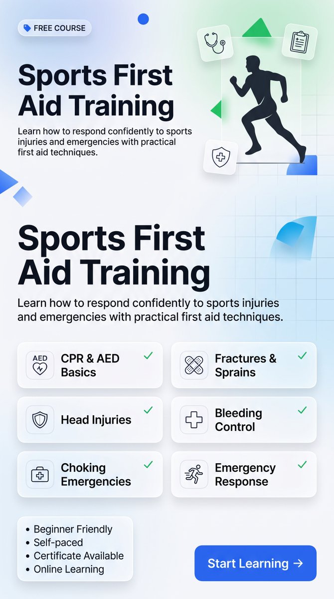 elcapitano_99's tweet photo. Injuries happen in seconds. Knowing how to respond can make all the difference.
Master CPR, AED, fracture care, bleeding control, concussion response, and other essential sports first aid skills with this free online course.
🎓Learn today. Be ready tomorrow.  #FIFAWorldCup2026 https://t.co/vb0TV2ZJf3