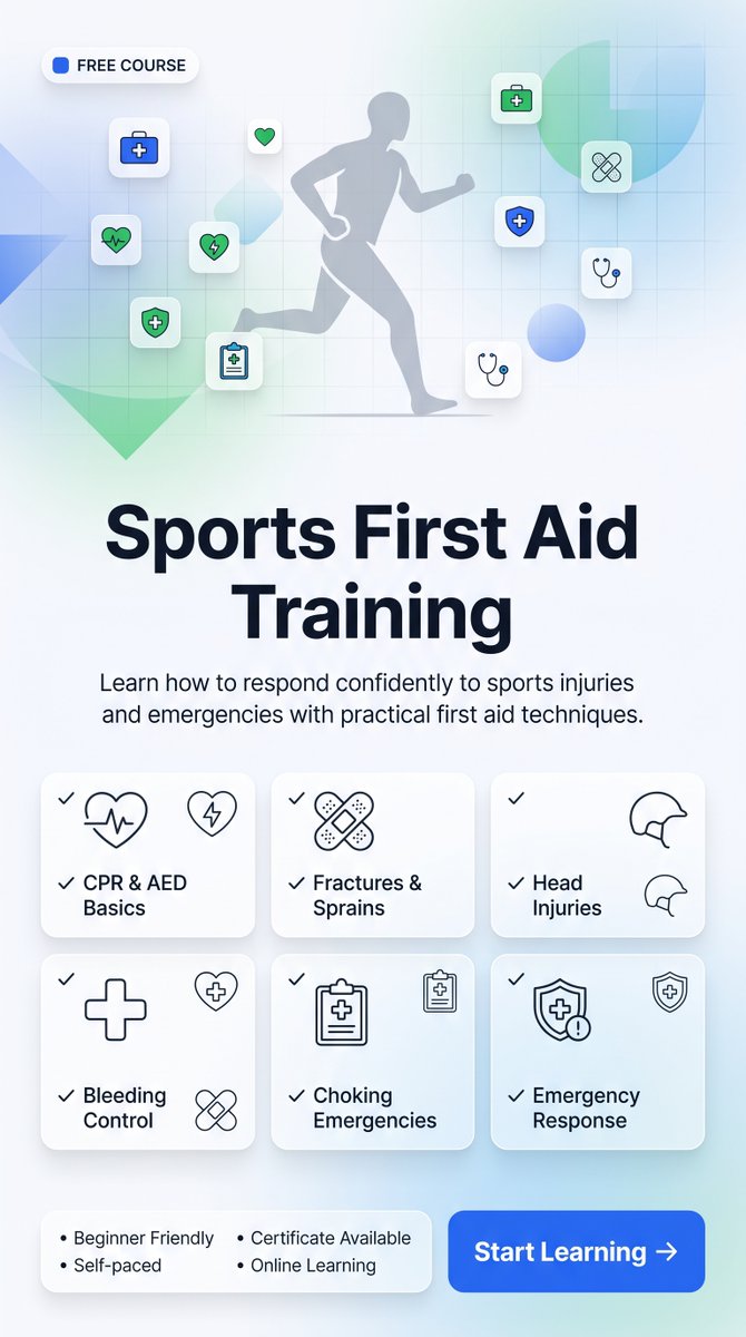 elcapitano_99's tweet photo. Injuries happen in seconds. Knowing how to respond can make all the difference.
Master CPR, AED, fracture care, bleeding control, concussion response, and other essential sports first aid skills with this free online course.
🎓Learn today. Be ready tomorrow.  #FIFAWorldCup2026 https://t.co/vb0TV2ZJf3