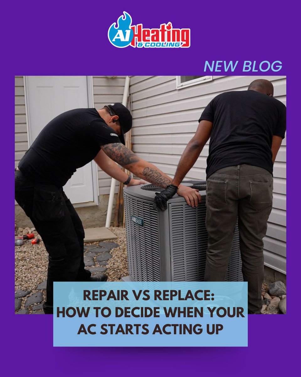 A1Heating_'s tweet photo. Is your AC struggling to keep up? 🤔❄️ Our latest blog helps you decide whether to repair or replace it. 

Check it out! 🔗 https://t.co/5aG4G5H5iP https://t.co/LDhgbqwXDr