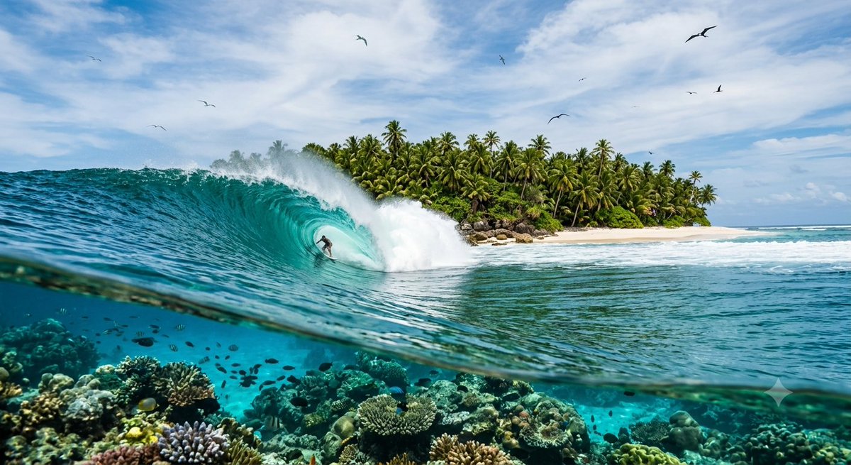 surfreportbr's tweet photo. Água cristalina, recifes coloridos, uma ilha tropical e uma onda dos sonhos. Alguns lugares parecem lembrar por que nos apaixonamos pelo surf desde a primeira remada. 🌴🏄🌊
#Surf #SurfReport #SurfTravel #Paradise #Barrel #OceanLovers #BeachLife #WaveHunter #Sea #Tropical https://t.co/e2yD8OxzJm