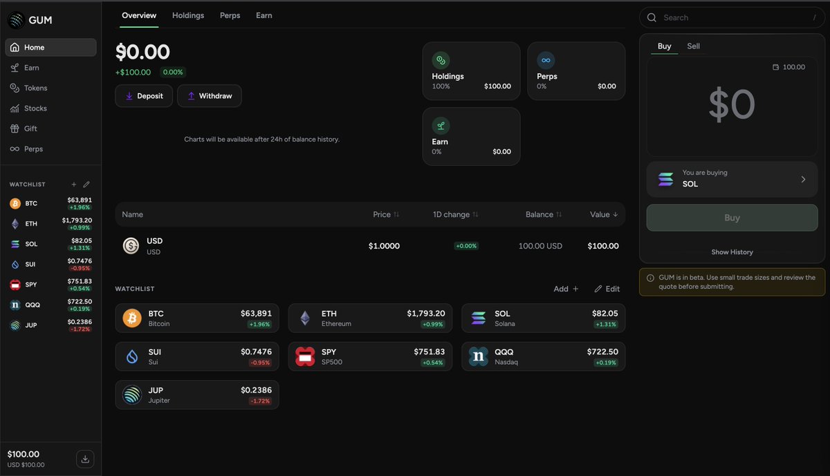 CryptoWilfred's tweet photo. Tried out GUM (@gumonchain) by Jupiter.

Here's my early feedback.

1. Excellent UI as we've learned to expect from the team.
2. I like the idea of unifying multiple products in a single platform (crypto, stocks, perps, etc.)
3. Earning from DeFi made simple.

Looking forward to seeing how solana:JUPyiwrYJFskUPiHa7hkeR8VUtAeFoSYbKedZNsDvCN is integrated, and also more Perp pairs, and isolated margin trading.

Excited to see where this one goes from here.

Well done @weremeow @kashdhanda