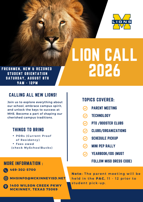 MHSLions's tweet photo. 📣 Save the date! 📆  
Lion Call 2026 is scheduled on Saturday, August 8th, from 9am-12pm. This new student orientation is intended for incoming 9th graders, as well as any other students who are new to MHS! Come join us! https://t.co/OoJJnoXTBb