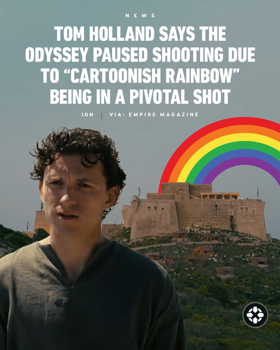 IGN's tweet photo. “The most preposterous rainbow was coming out of the castle I was supposed to be going home to... It looked like something out of My Little Pony.” - Tom Holland on the rainbow that delayed shooting on Christopher Nolan's The Odyssey. https://t.co/9SBjN5rxxt