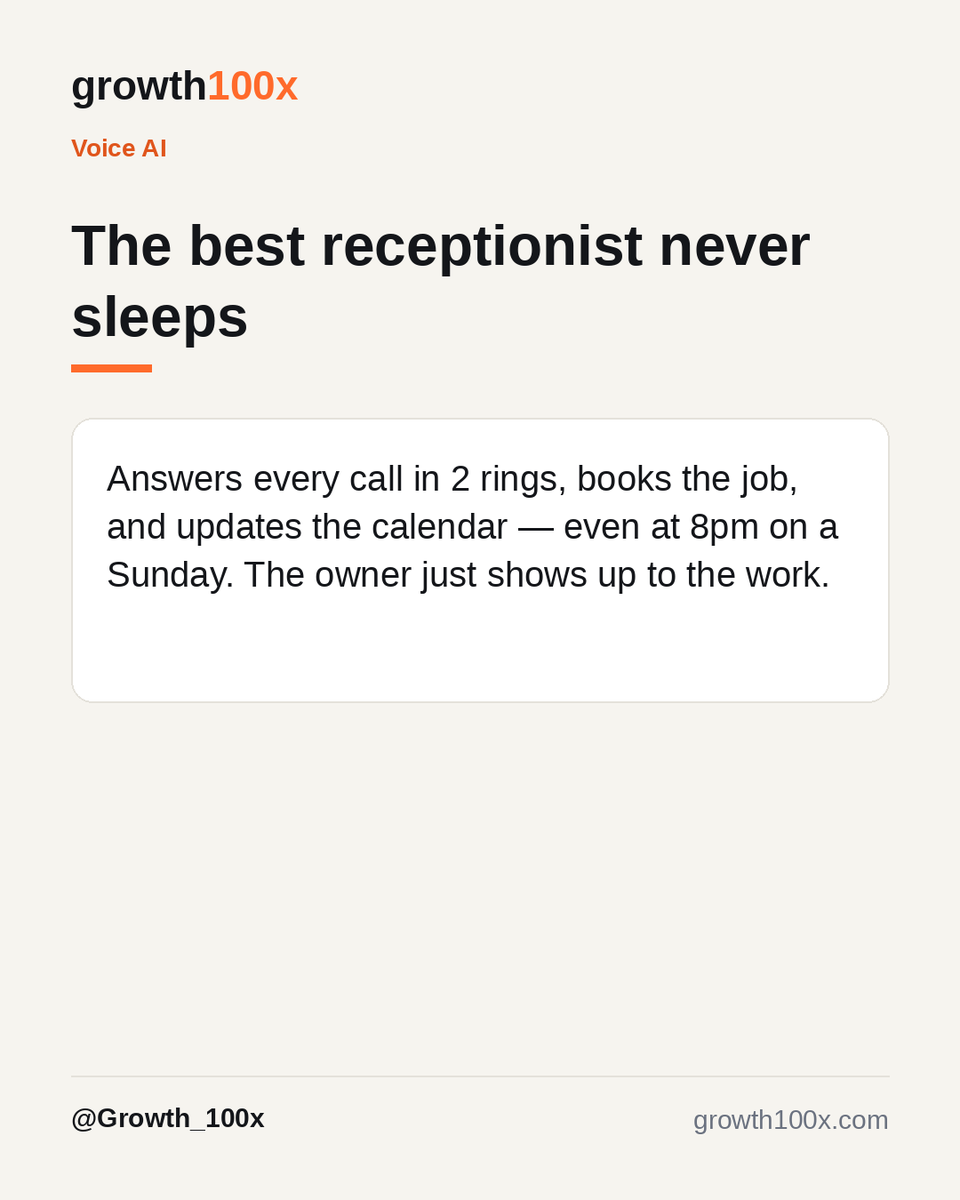 Growth_100x's tweet photo. Imagine a plumber who stopped answering his own phone.

His bookings went UP.

Not magic — an AI receptionist that picks up in 2 rings, books the job, and updates his calendar at 8pm on a Sunday.

He just shows up to the work. https://t.co/f4DdzA5Bs5