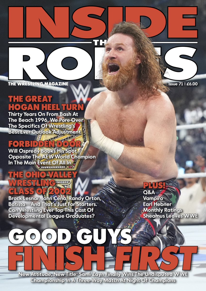 FindlayMartin's tweet photo. Undisputed WWE Champion @SamiZayn is the cover star of Issue 71 of Inside The Ropes Magazine, on sale July 30 in the UK. (Please, WWE, don’t take the title off him tonight.) https://t.co/hdChfqTONn