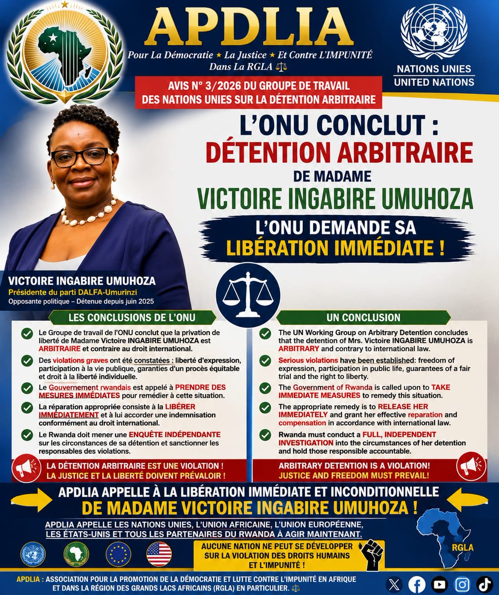 ApdliaA's tweet photo. 🚨 #RWANDA : L’#ONU CONCLUT À LA DÉTENTION ARBITRAIRE DE VICTOIRE INGABIRE UMUHOZA. #APDLIA exige sa LIBÉRATION IMMÉDIATE ET INCONDITIONNELLE et appelle la communauté internationale à agir pour la justice, les droits humains et contre l’impunité. ⚖️ #FreeVictoireIngabire
@ONU_fr https://t.co/J0ggPTJyos