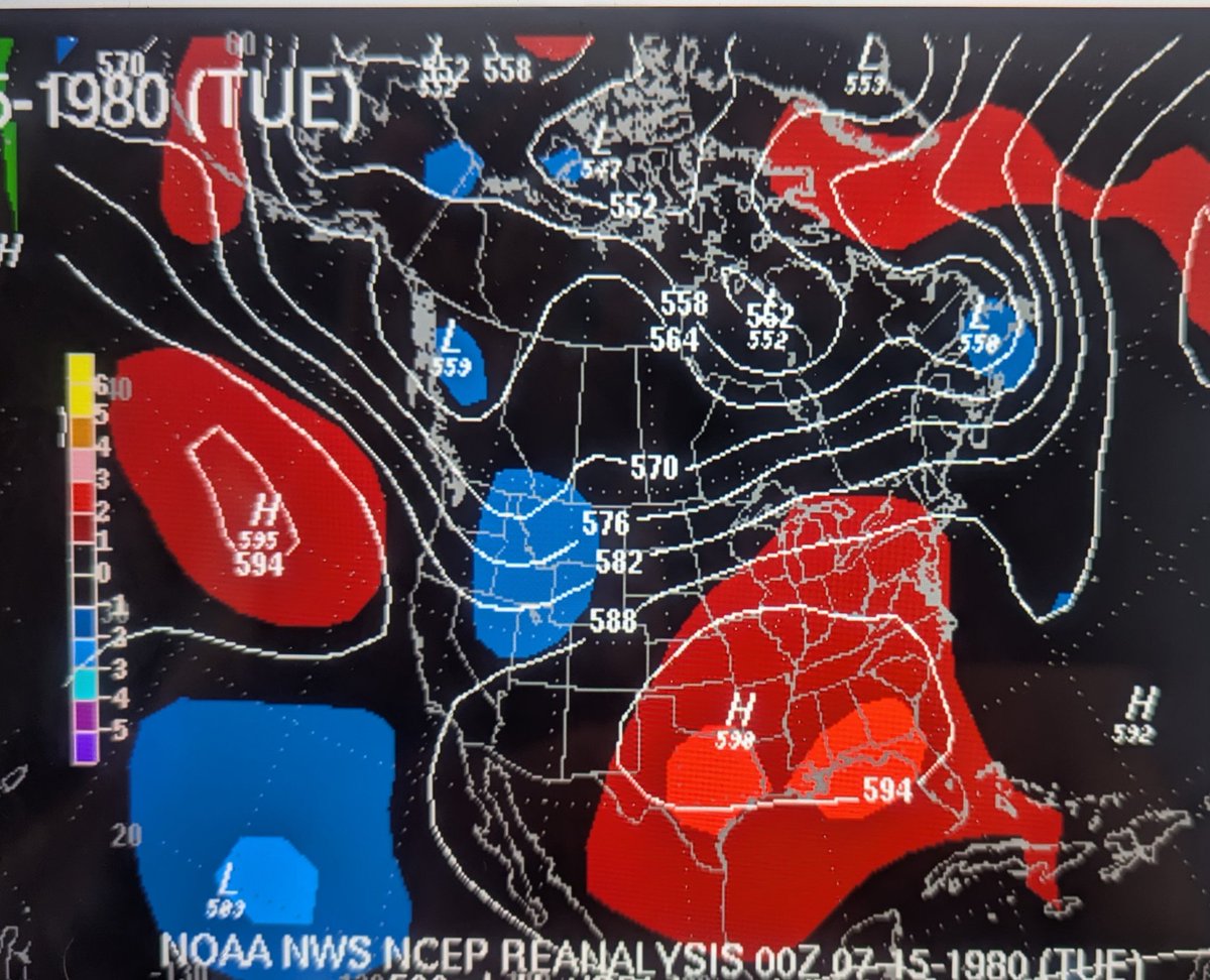MarkSpitzer0484's tweet photo. The "Summer of the Heat Dome". This isn't this year. This was July 1980 which featured massive heat domes over the eastern 2/3 of the US, the Pacific, Greenland, and not seen here, Europe. So Heat Domes, meteorologically referred to as upper level high pressure systems, are nothing new, having been around forever, and varying in duration and size.. The term heat dome might be new, primarily exclusively used in journalism, but the phenomena is not new.