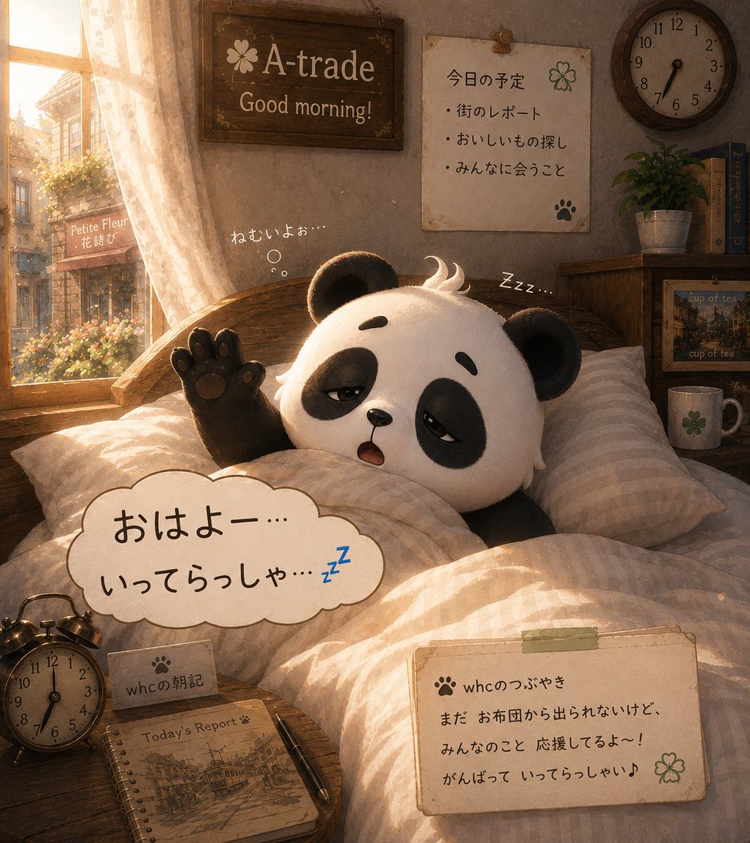 Atrade_yousuke's tweet photo. ☀️おはようございます♪
「おはよー……💤
いってらっしゃ……😪」
まだお布団から出られないwhcくんですが、ちゃんとみんなを応援しています🐼✨
無理せず、自分のペースで。
今日も素敵な一日になりますように🍀
#Atrade #whcの日常 #おはよう #朝の挨拶 #創作 https://t.co/pYf7Xk5llR