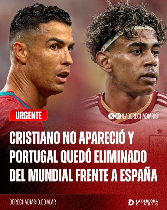 laderechadiario's tweet photo. 🇵🇹🇪🇸 | CR7 SE DESPIDE DEL MUNDIAL: Cristiano Ronaldo no apareció en el partido y Portugal quedó eliminado del Mundial frente a España, que se aseguró su pase a los cuartos de final de la Copa del Mundo.

El delantero portugués había anticipado que este sería su último Mundial. https://t.co/ZbwR3W9130
