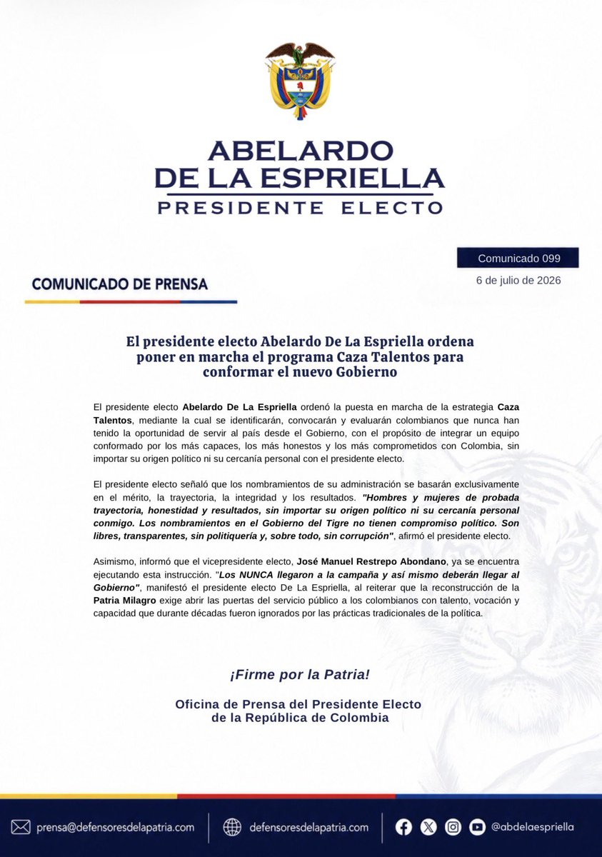 defensoresco's tweet photo. #ATENCIÓN | El presidente electo Abelardo De La Espriella (@ABDELAESPRIELLA) puso en marcha el programa Caza Talentos, una estrategia para identificar a los colombianos más capaces, íntegros y comprometidos con el país para conformar el nuevo Gobierno.

Los nombramientos se harán con base en el mérito, la trayectoria, la honestidad y los resultados, sin importar el origen político o la cercanía con el Presidente Electo. El objetivo es abrir las puertas del servicio público al talento que durante décadas fue ignorado por las prácticas tradicionales de la política.